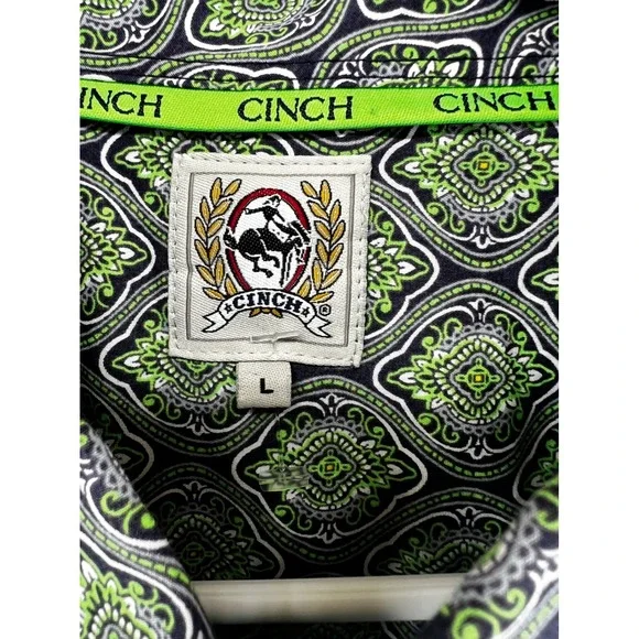 Cinch Mens Long Sleeve Button Down Shirt Green Paisley Print Size L - Picture 2 of 7